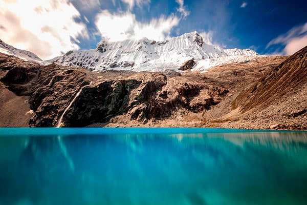 the beautiful blue of laguna 69, in the highlands of Huaraz, Peru